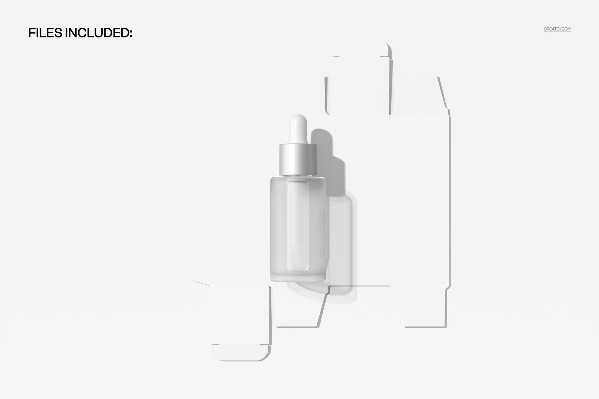 PSD mockup showing a dropper bottle centered on a flat carton template, photographed from a bird’s-eye perspective.