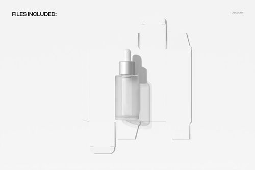PSD mockup showing a dropper bottle centered on a flat carton template, photographed from a bird’s-eye perspective.