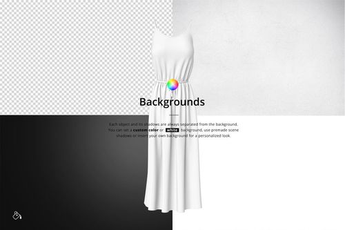 Long wavy dress mockup displayed from the front, shown against four different background styles in a split layout.