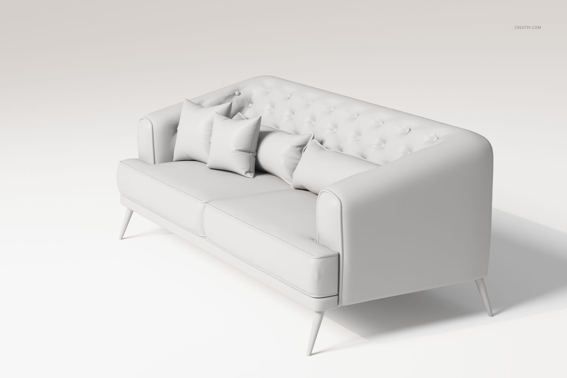 Front angled view of a modern dimple sofa in white with tufted backrest and multiple matching cushions on a plain background.