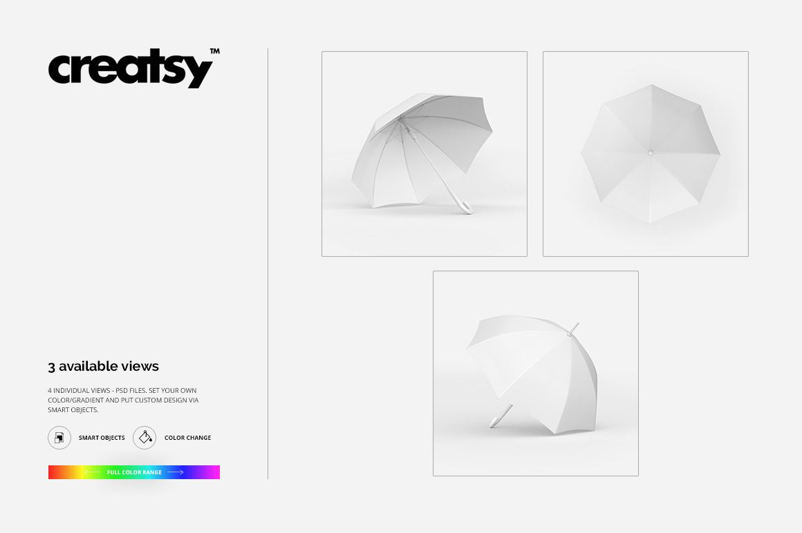 Set of three white umbrella mockups displayed from top, side, and angled views on a neutral background.