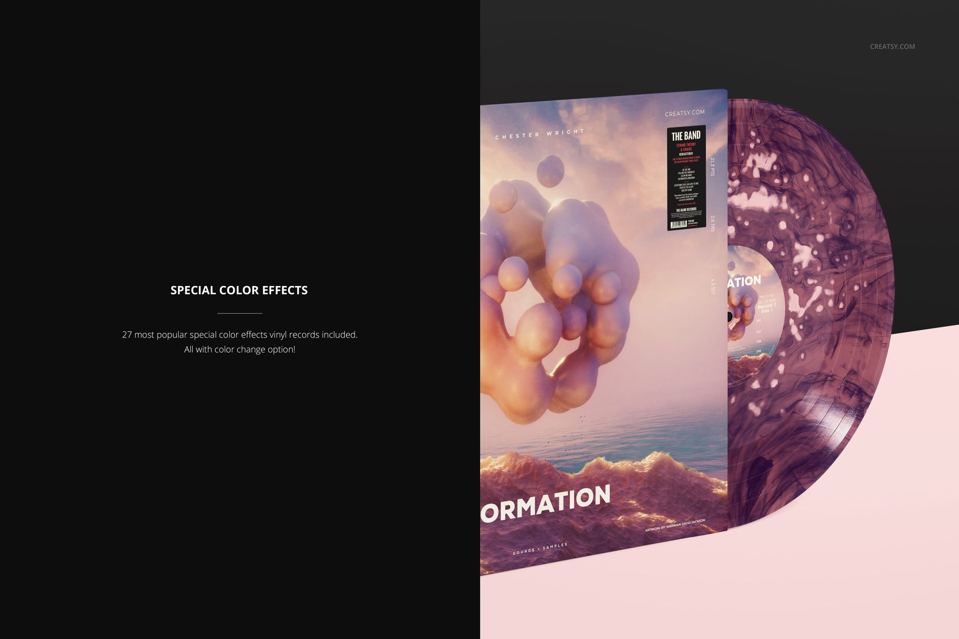 LP vinyl record mockup featuring a marbled purple disc and an album cover with 3D spheres over a sunset scene.