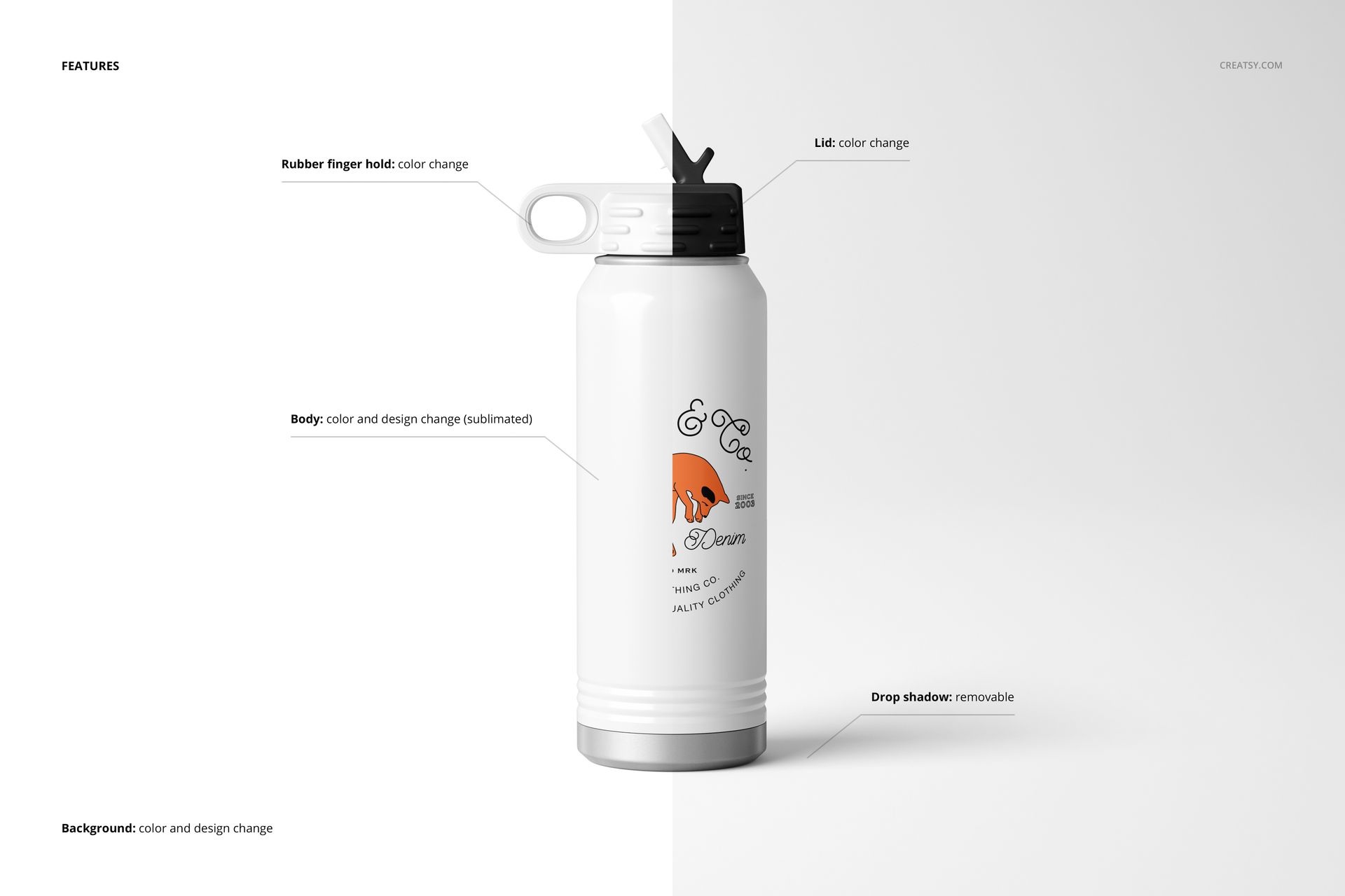 Front view of a white water bottle mockup with black top and orange design, displayed on a two-tone background.