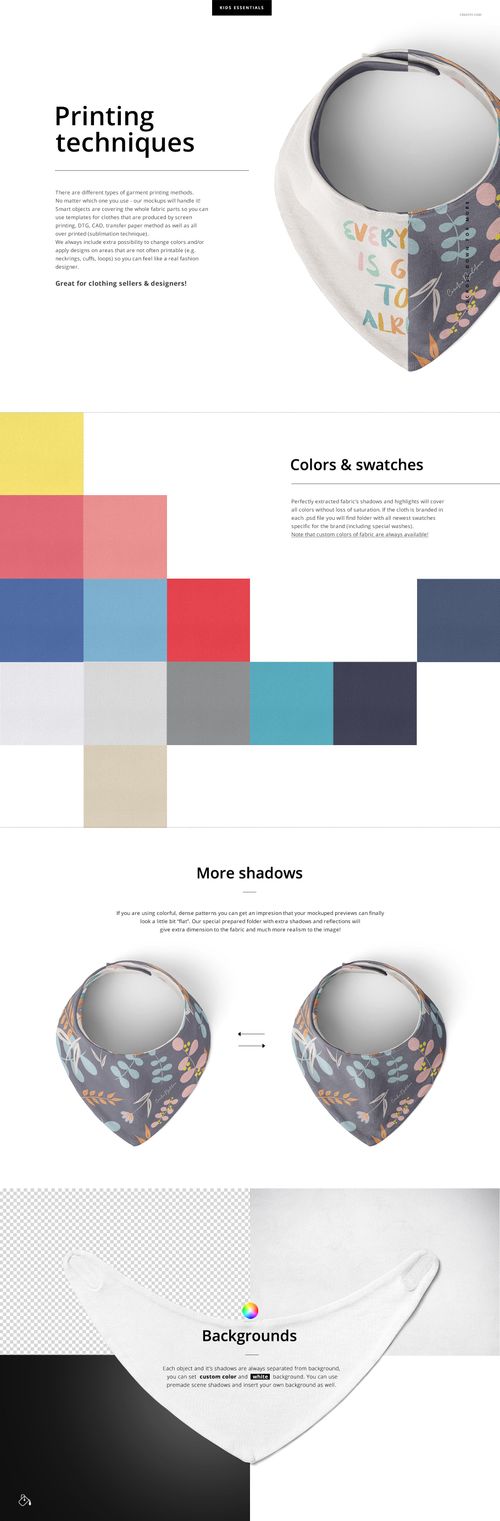 Baby bandana bib mockup showing a front view of a white bib with colorful text and patterns, surrounded by color swatches.