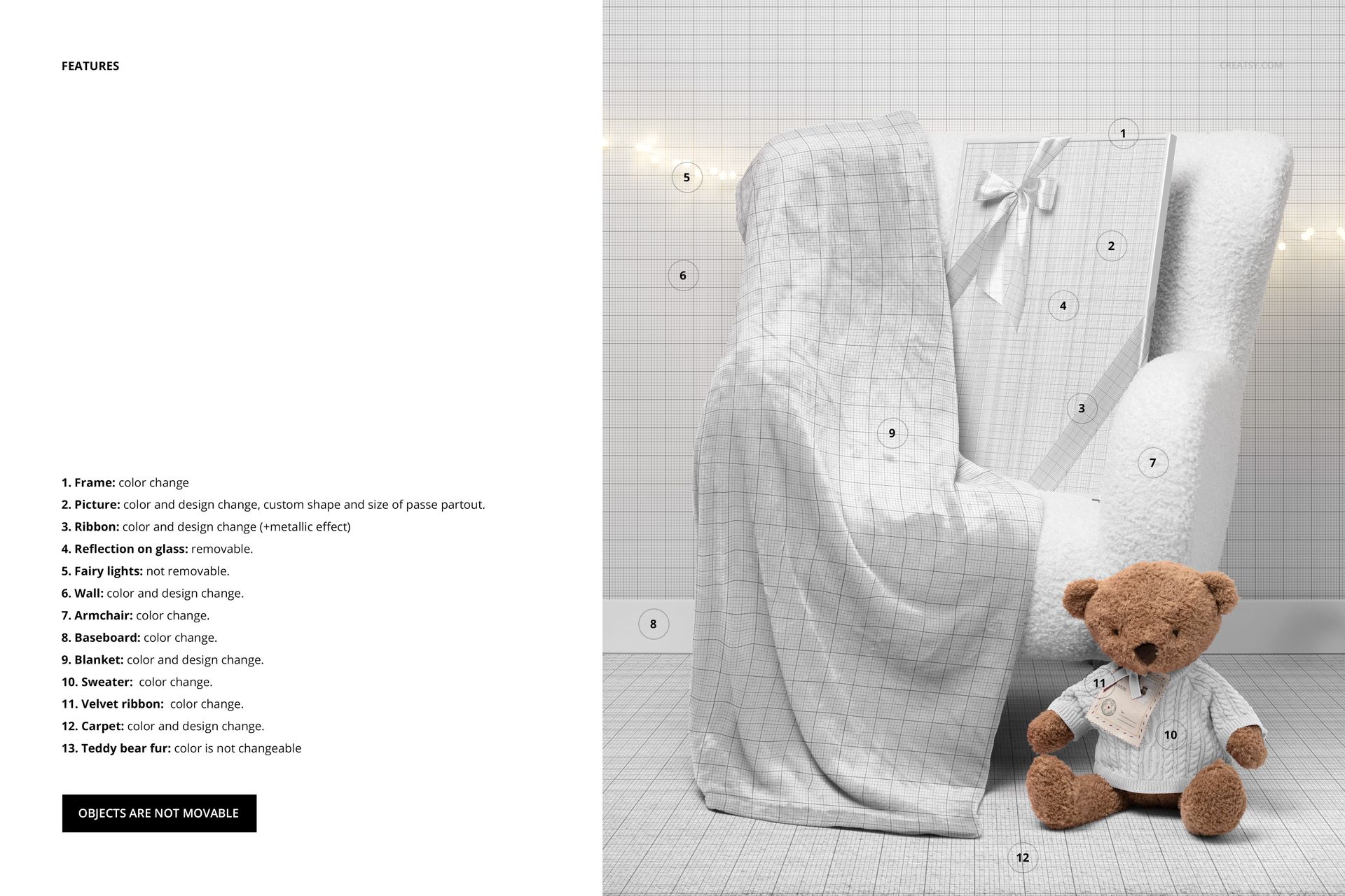 Mockup scene featuring a white fleece blanket, picture frame, and brown teddy bear in a festive Christmas setting.