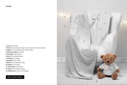 Mockup scene featuring a white fleece blanket, picture frame, and brown teddy bear in a festive Christmas setting.