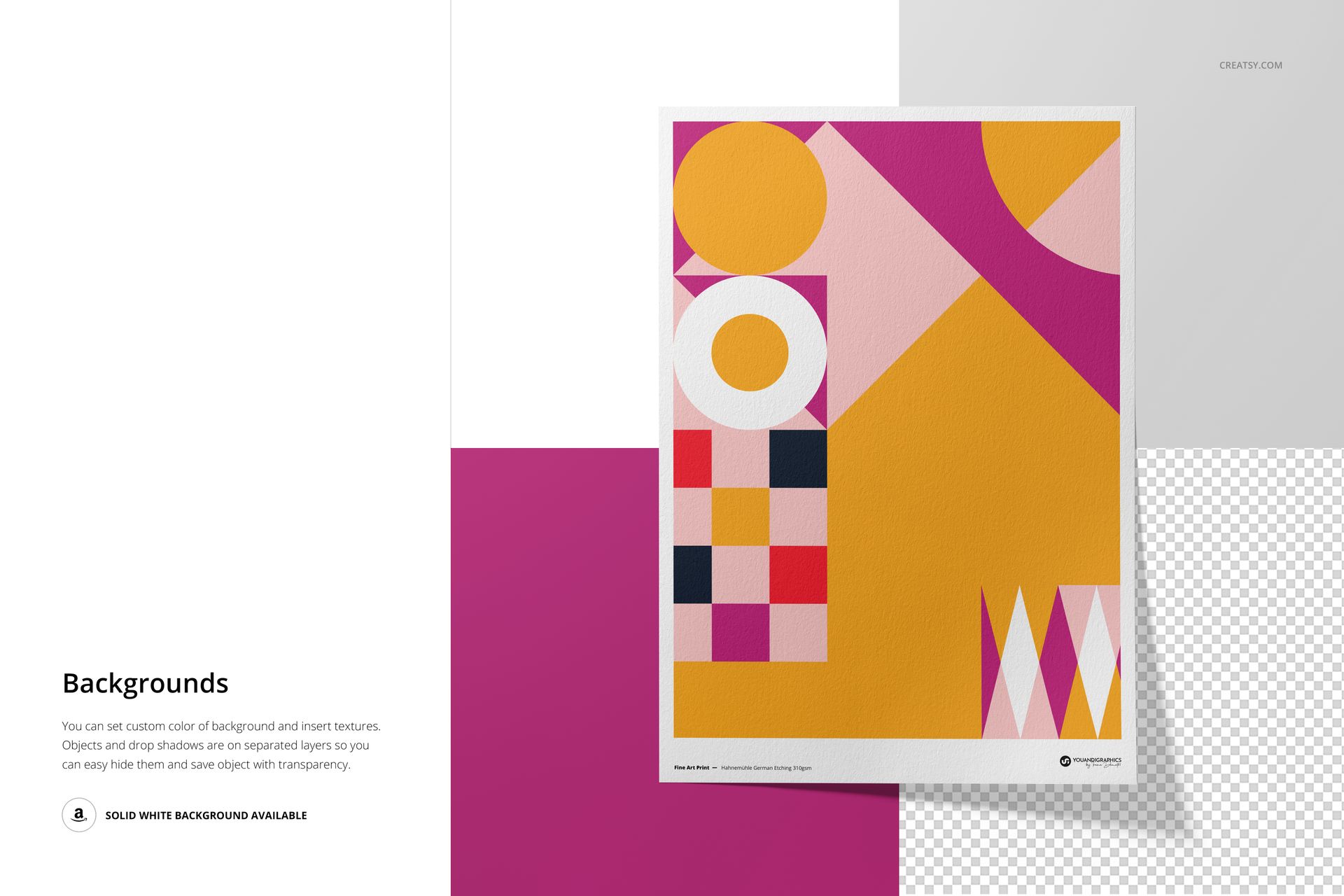 A3 fine art print mockup featuring a geometric abstract design in yellow, pink, red, and white on a flat surface.