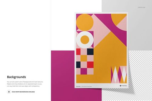 A3 fine art print mockup featuring a geometric abstract design in yellow, pink, red, and white on a flat surface.