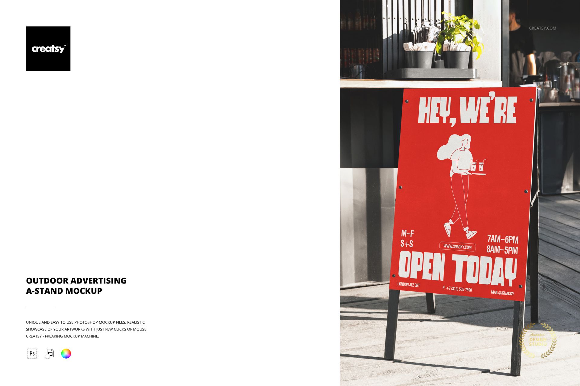 Front view of a red A-frame stand mockup placed outdoors near a building entrance, showing promotional signage.