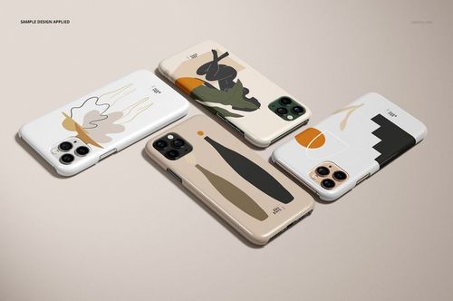 Three iPhone 11 Pro glossy snap cases with abstract designs displayed on a light beige surface in a mockup set.