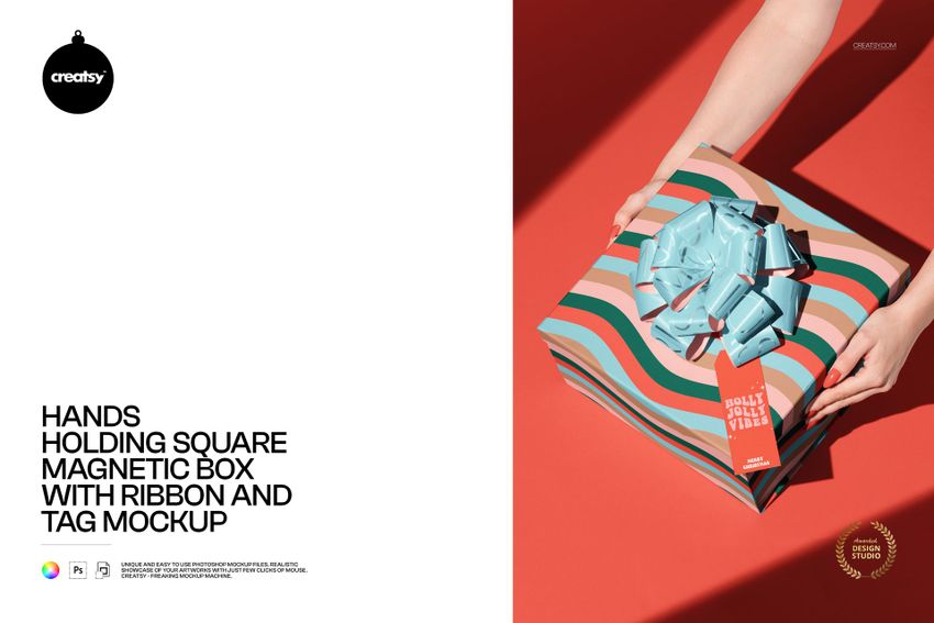 Hands Holding Square Magnetic Box with Ribbon and Tag Mockup - mockup screenshot 1