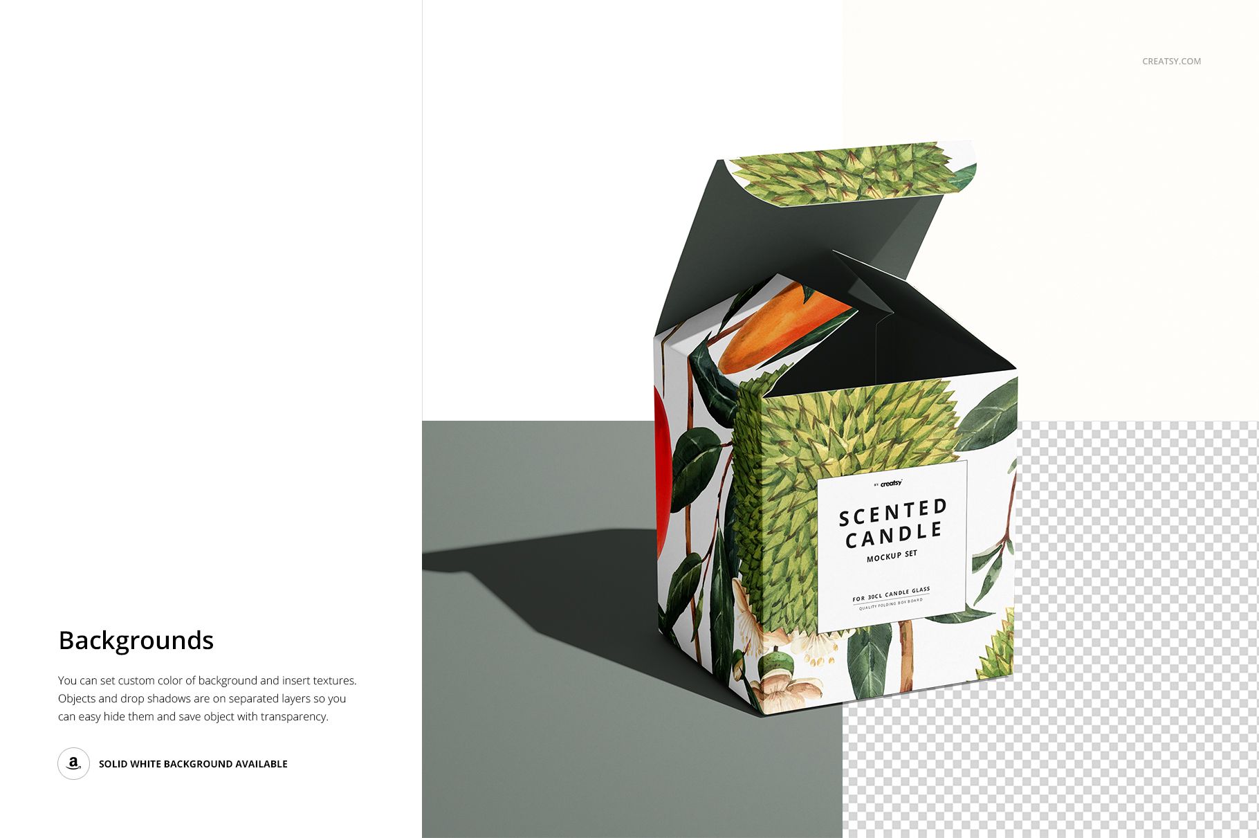 Open candle packaging box mockup with tropical leaf and fruit design, displayed on a split gray and white background.