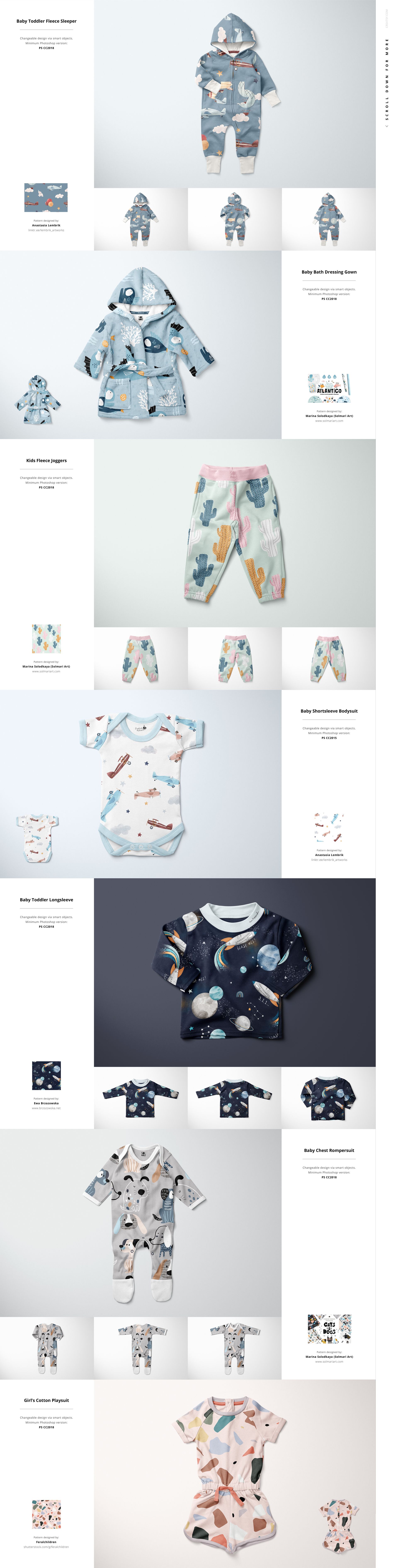 Front view of assorted baby and kids clothing and accessories mockups, featuring playful patterns and soft colors.