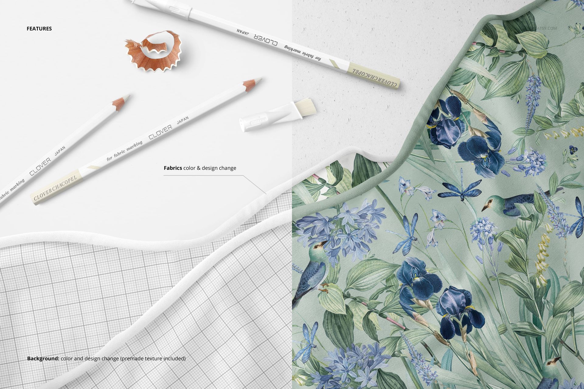 Jersey fabric mockup with botanical and bird pattern next to grid fabric, marking pencils, and pencil shavings, top view.