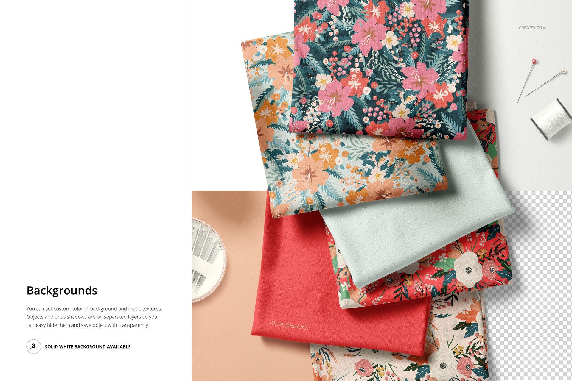 PSD mockup of assorted folded textiles in vibrant patterns and plain shades, viewed from a top-down perspective.