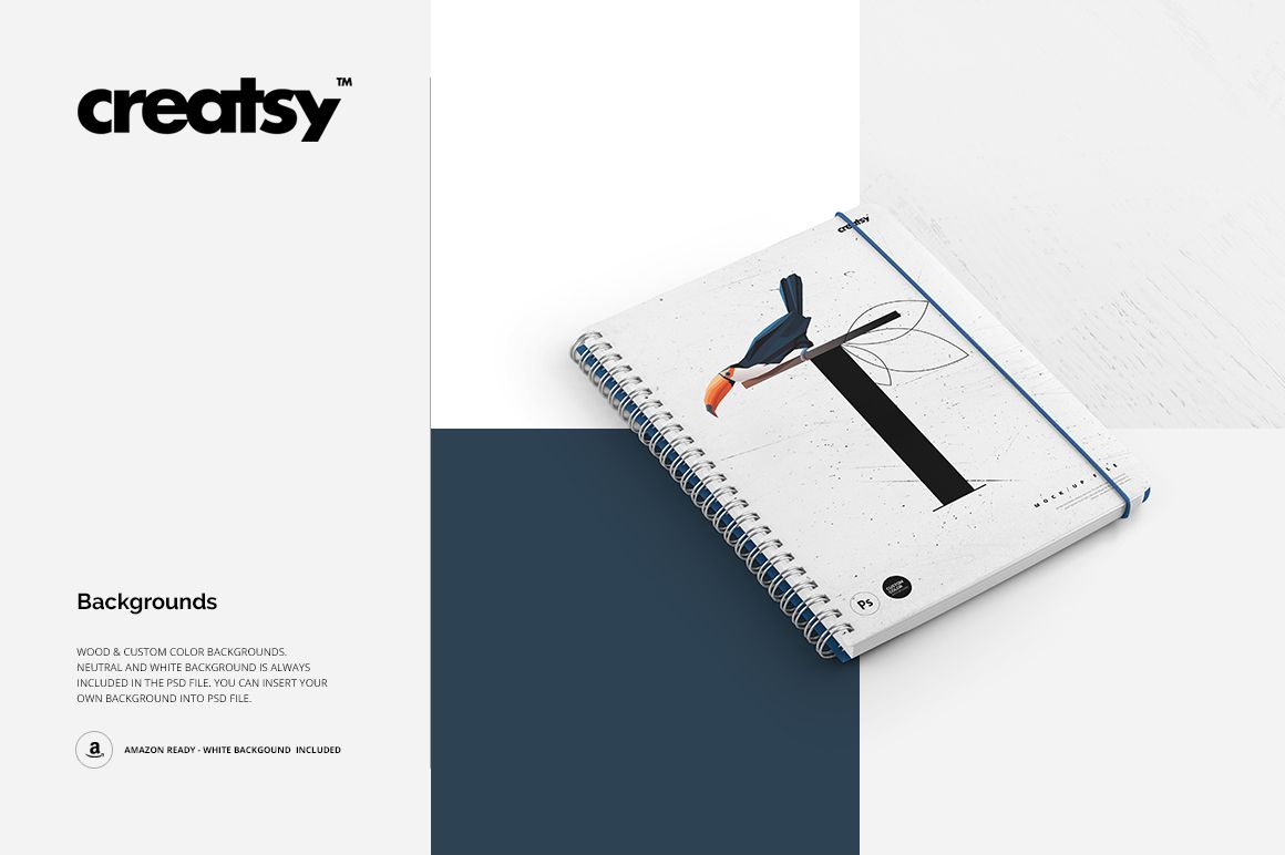 Notebook mockup featuring a white spiral notebook with minimalist design, displayed diagonally on color-blocked surfaces.
