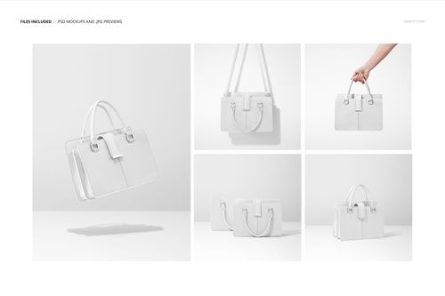 White leather handbag mockup displayed in five arrangements, featuring suspended, upright, and hand-held positions.