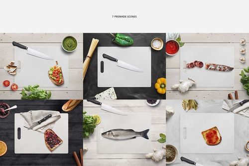 Polyethylene cutting board mockup shown from top view with various food items and kitchen props arranged around it.