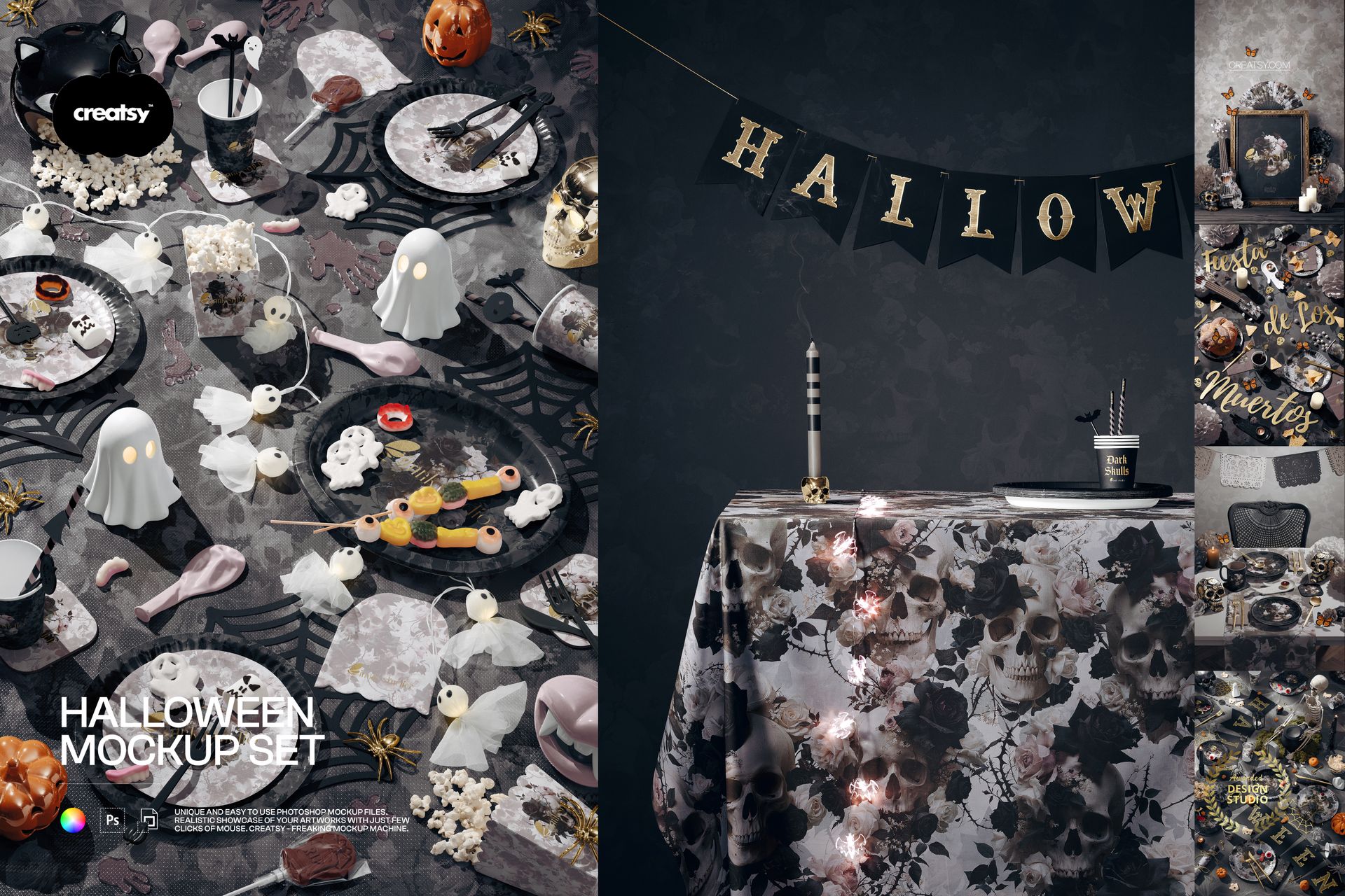 Halloween mockup set featuring decorated party tables with ghost figures, floral tablecloths, and themed props in dark tones.