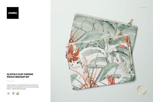 Flat canvas pouch mockup set featuring two zippered bags with botanical prints, shown from above.