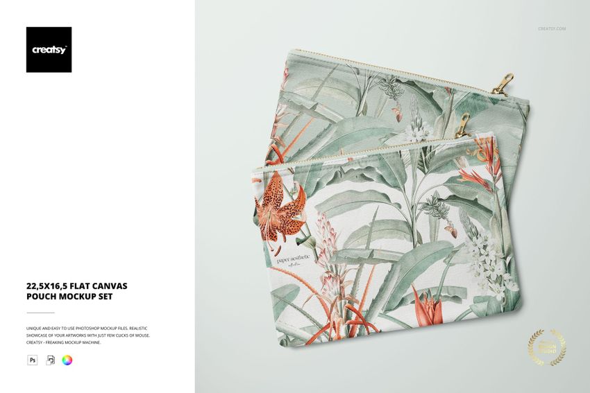 Flat canvas pouch mockup set featuring two zippered bags with botanical prints, shown from above.