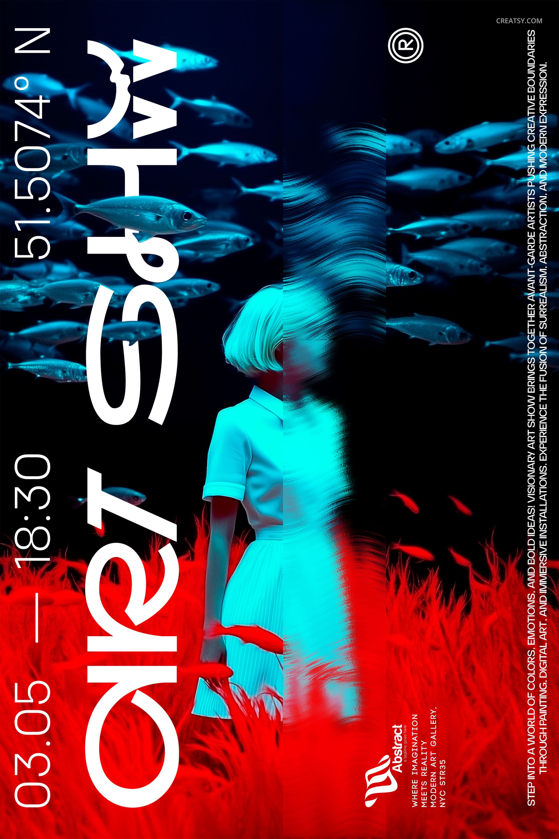 Vertical poster mockup showing a surreal scene with a woman in white, red grass, and blue water with fish overhead.