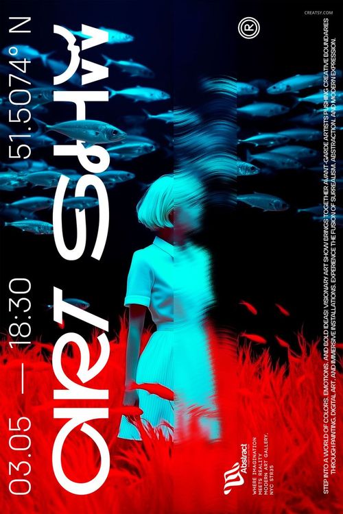 Vertical poster mockup showing a surreal scene with a woman in white, red grass, and blue water with fish overhead.