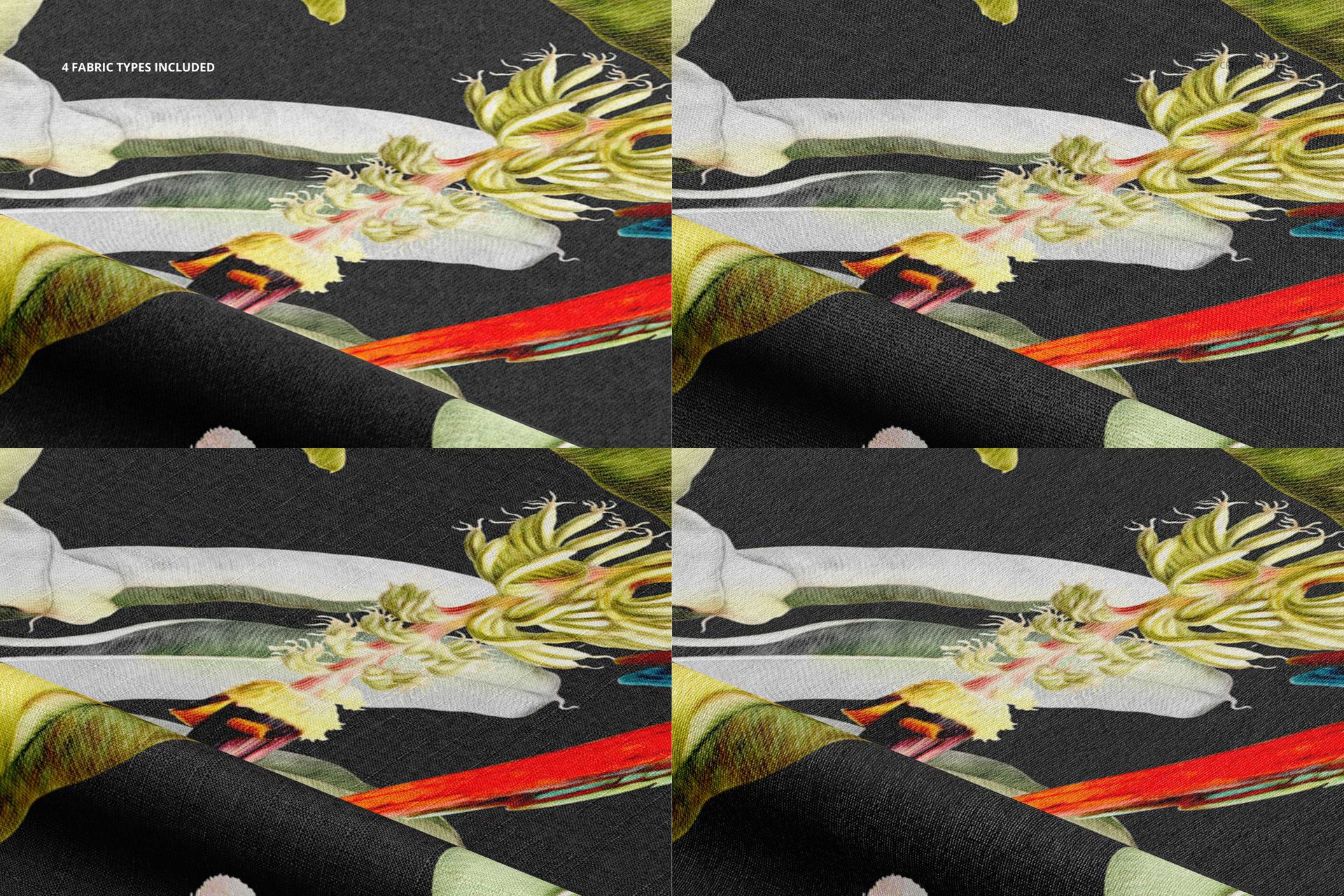 Lying fabric mockup set featuring four textile samples with colorful abstract patterns, shown from a close-up angle.