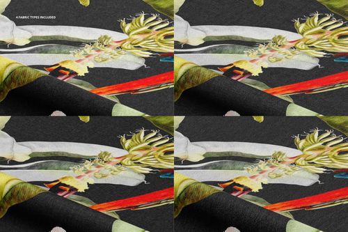 Lying fabric mockup set featuring four textile samples with colorful abstract patterns, shown from a close-up angle.