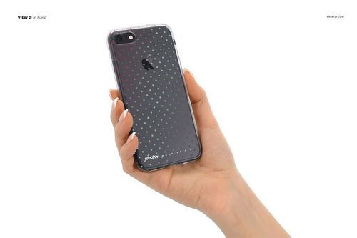 iPhone 7 clear case mockup displaying a dotted design in blue and red, viewed from the back in a hand.