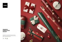 Christmas wrapping papers and gifts mockup with three patterned rolls, four wrapped presents, and festive ornaments on a red background.