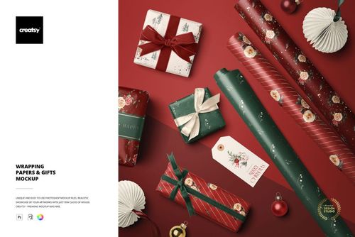 Christmas wrapping papers and gifts mockup with three patterned rolls, four wrapped presents, and festive ornaments on a red background.