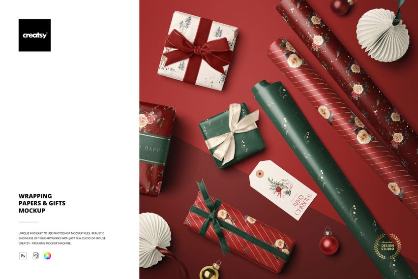 Christmas wrapping papers and gifts mockup with three patterned rolls, four wrapped presents, and festive ornaments on a red background.