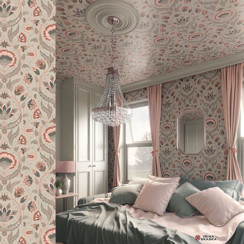 Bedroom mockup featuring floral patterned wallpaper and ceiling, a crystal chandelier, pastel bedding, and large windows with pink curtains.