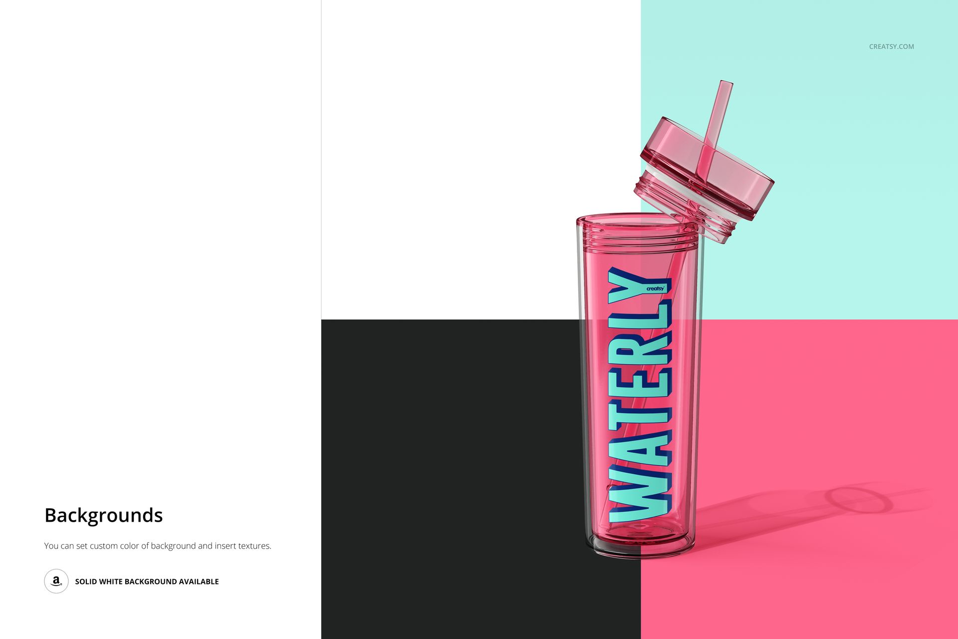Transparent acrylic tumbler mockup with pink accents and large blue lettering, lid tilted, on divided color backdrop.