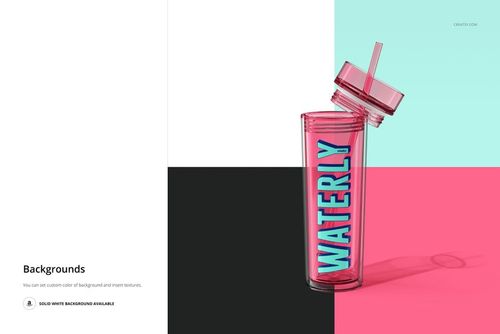 Transparent acrylic tumbler mockup with pink accents and large blue lettering, lid tilted, on divided color backdrop.