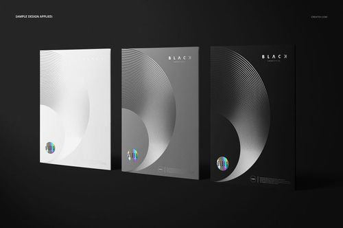 Three folder mockups displayed side by side, featuring monochrome gradient designs and metallic accents on a black surface.