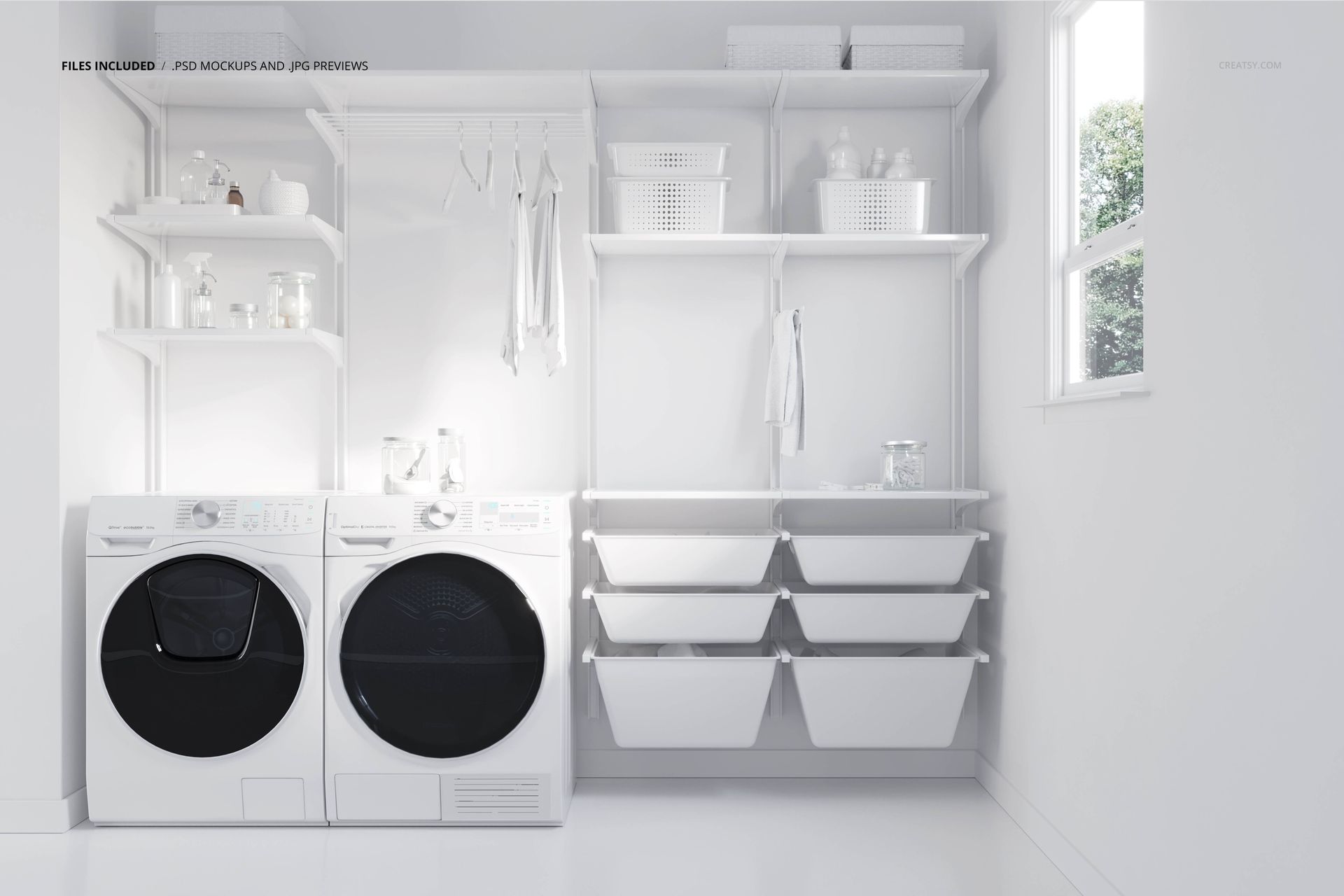 Modern laundry room mockup featuring white shelves, baskets, and front-loading washer and dryer in bright natural light.