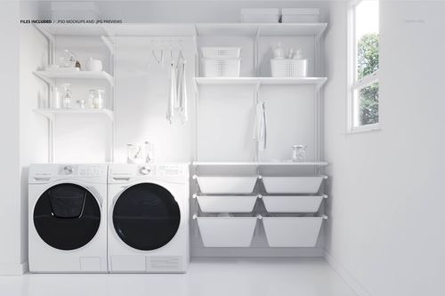 Modern laundry room mockup featuring white shelves, baskets, and front-loading washer and dryer in bright natural light.