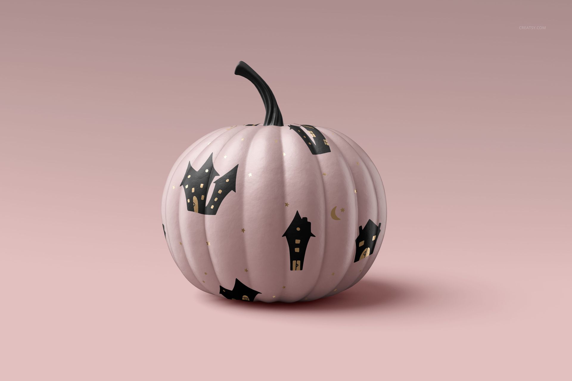 Single pumpkin mockup featuring a light pink color and Halloween-themed black bats and houses, set against a pastel backdrop.