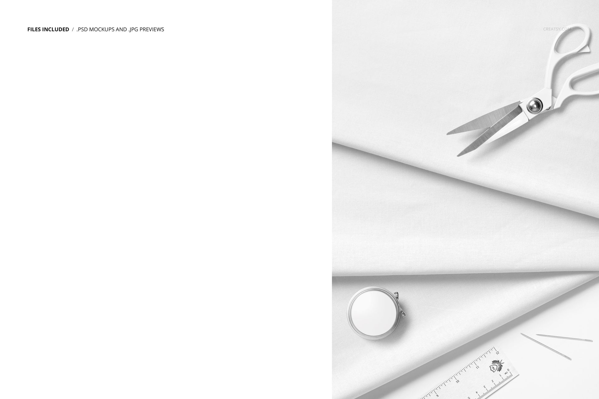 Folded cotton fabric layers arranged diagonally, accompanied by metal scissors, tape measure, and ruler mockup.