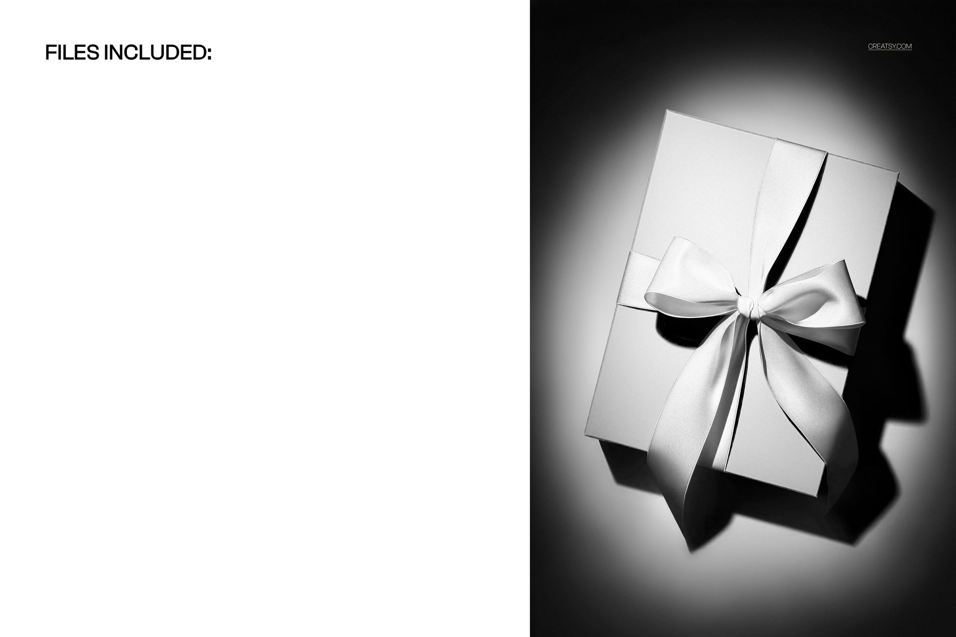 Wrapped gift box mockup featuring a large ribbon bow, top-down view with strong shadows and monochrome tones.