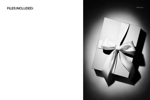 Wrapped gift box mockup featuring a large ribbon bow, top-down view with strong shadows and monochrome tones.