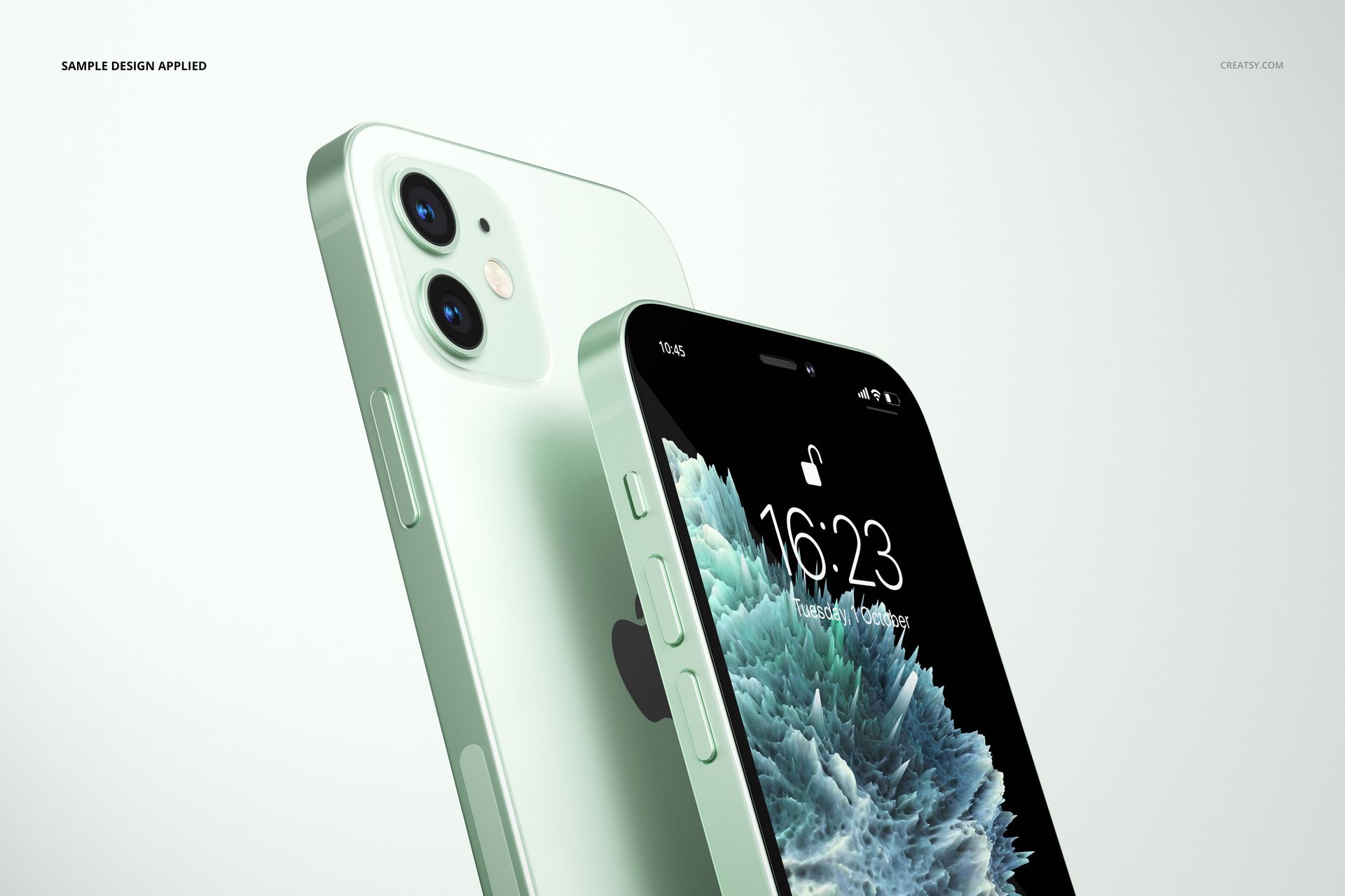 Close-up of iPhone 12 mockup set featuring two phones, one displaying a screen and the other showing the back design.