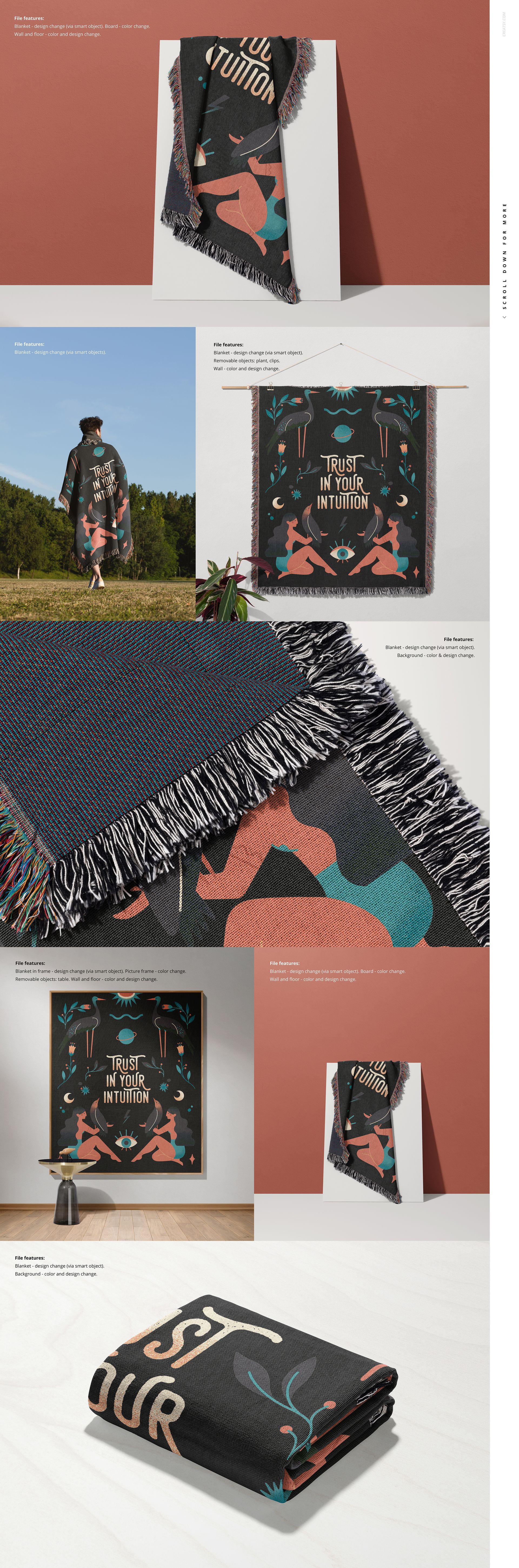 Mockup of a fringed woven throw blanket featuring bold geometric patterns, displayed on a wall, folded, and draped over furniture.