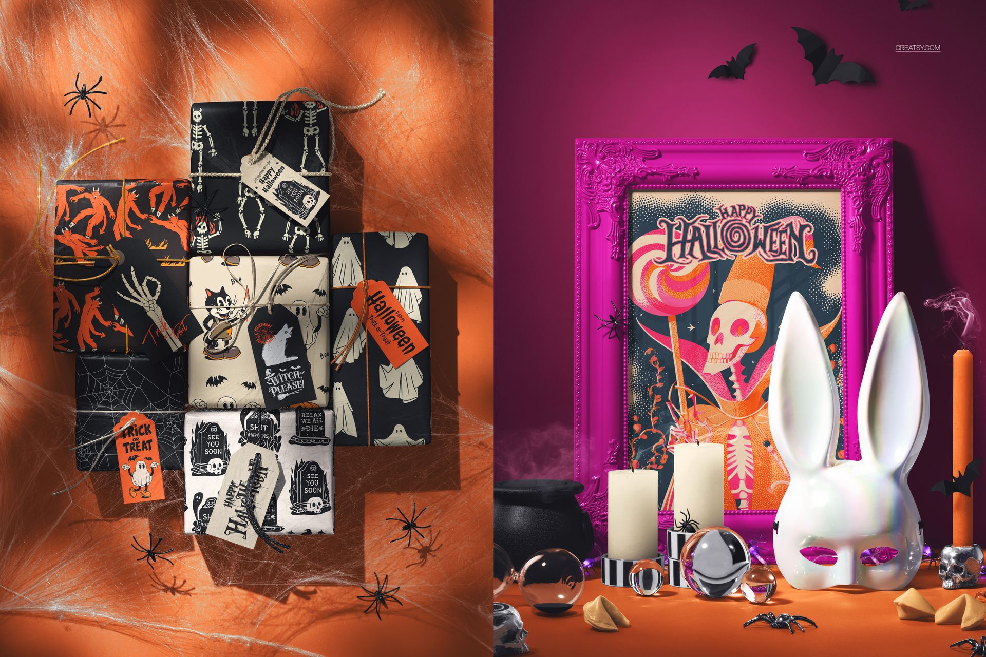 Halloween-themed PSD mockup set featuring gift boxes with spooky designs and a framed skeleton poster on orange backdrop.