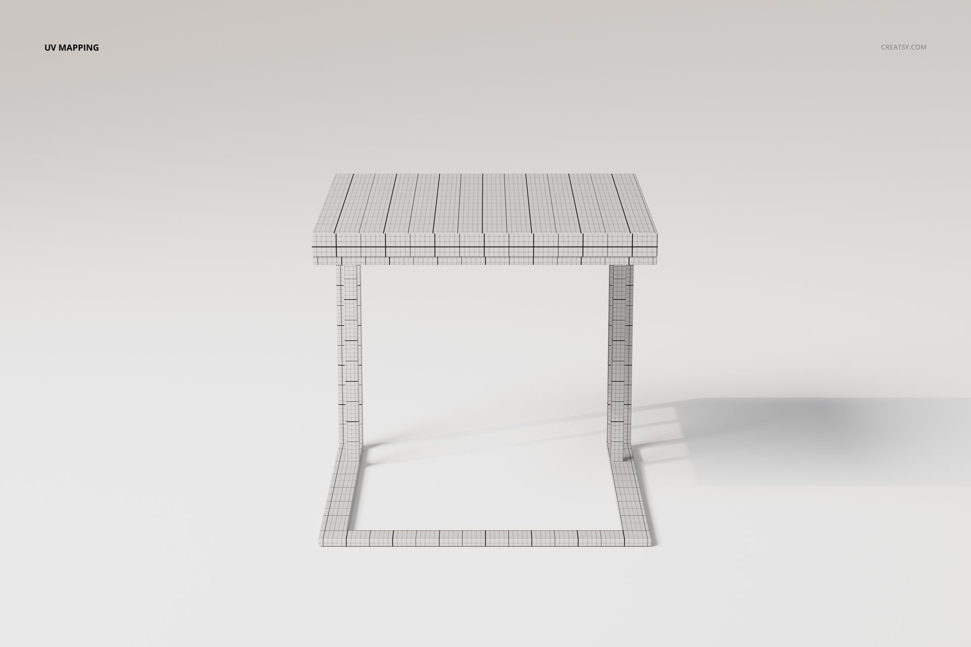 C-shaped side table 3D model shown from the front, featuring a wireframe texture on a plain light background.