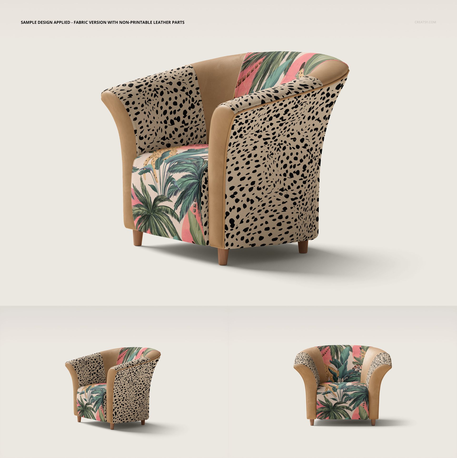 Front and angled views of a tub armchair mockup showing a combination of animal print and tropical fabric panels.