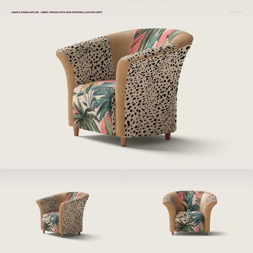 Front and angled views of a tub armchair mockup showing a combination of animal print and tropical fabric panels.