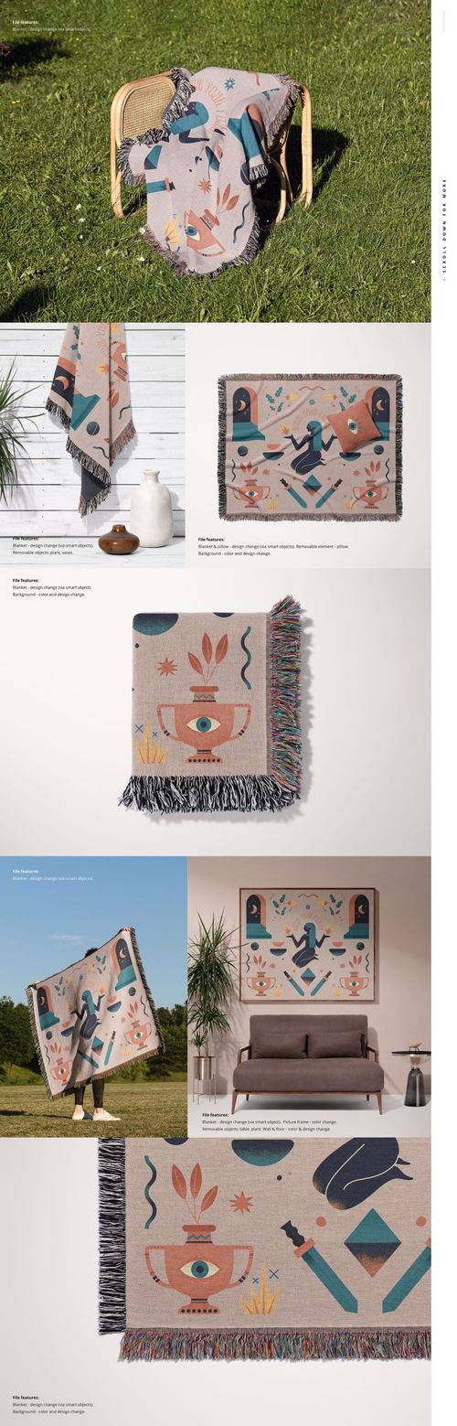 Mockup of a woven throw blanket with fringe, featuring colorful abstract designs, displayed in various home settings.